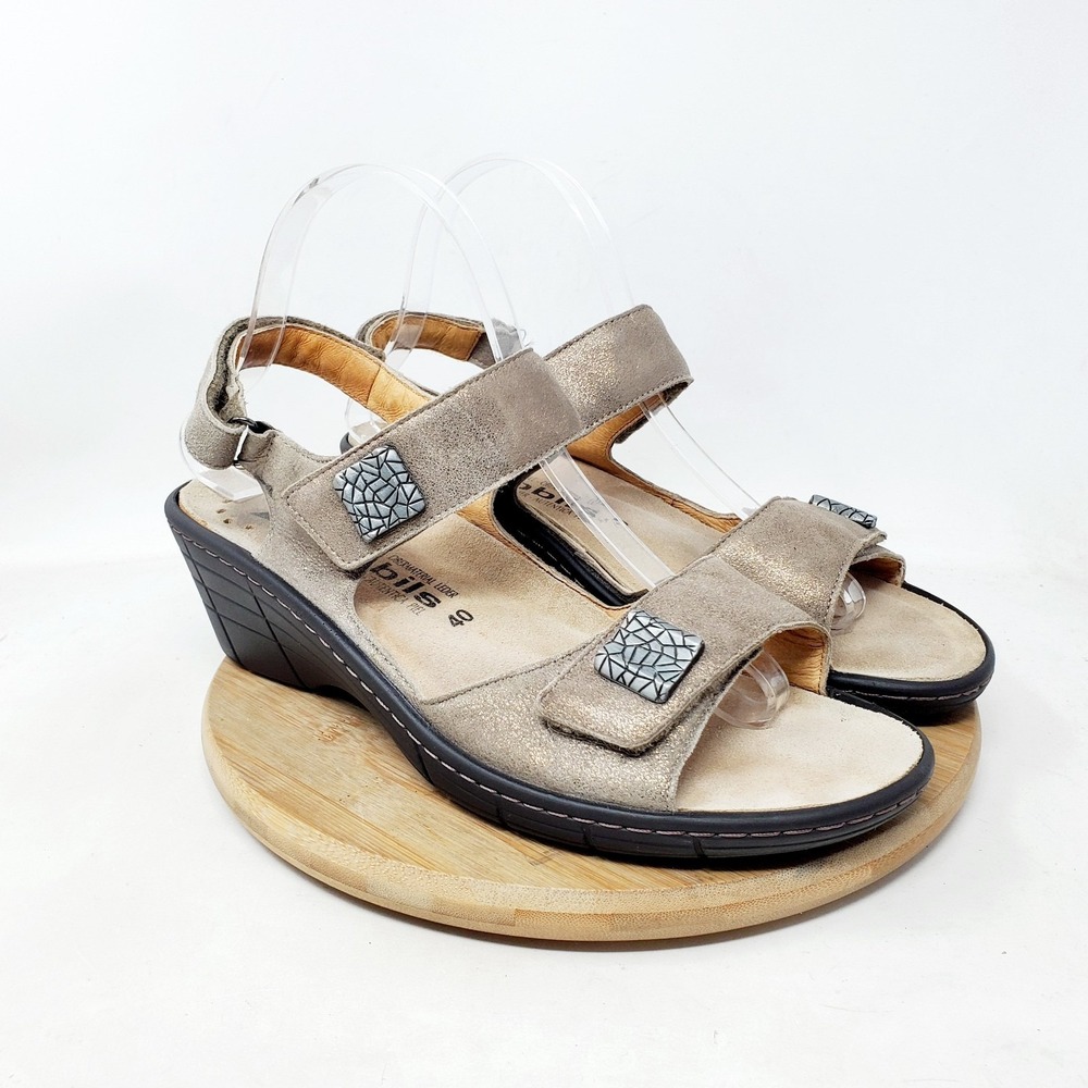 Mephisto Maryse Sandals Womens 40 Gold Leather Adjustable Wedge Heel Straps Shoe